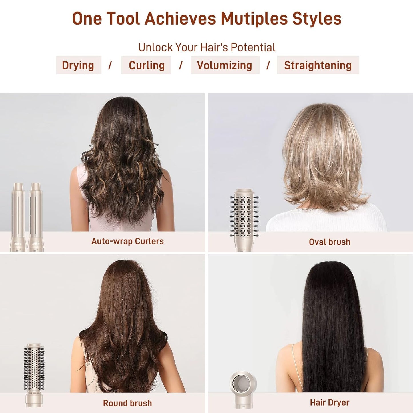 5 in 1 Hair Air Styler - Rotating Hair Dryer Brush 110000 RPM for Fast Drying & Hot-Air Automatic Wrap Curlers for Curling, Frizz-Free Blow Dryer Brush for Straightening Volumizing No Heat Damage