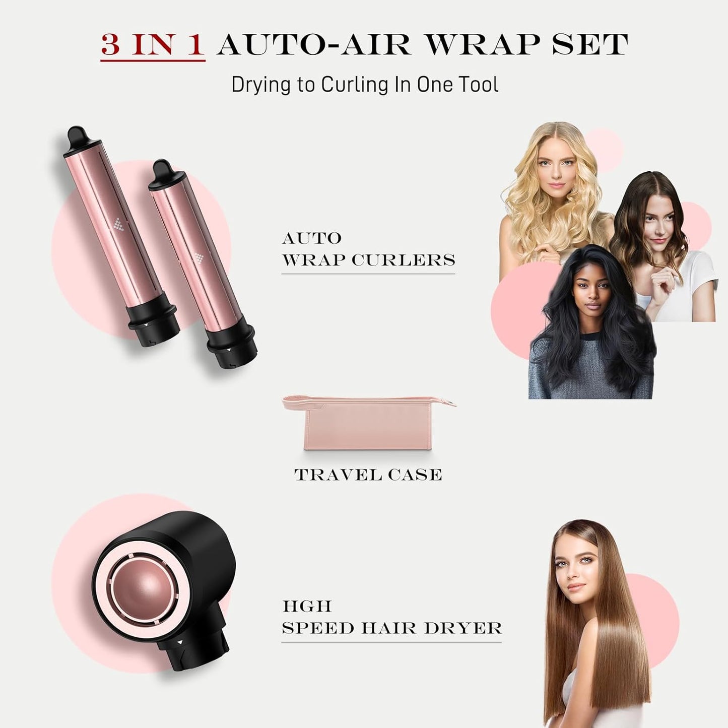3 in 1 Hair Styler - Fast Drying Hair Dryer & Auto Air Wrap Curlers Set, 1 Inch Curling Iron Long Barrel, Frizz-Free No Heat Damage Hot Air Hair Styler for All Hair Types