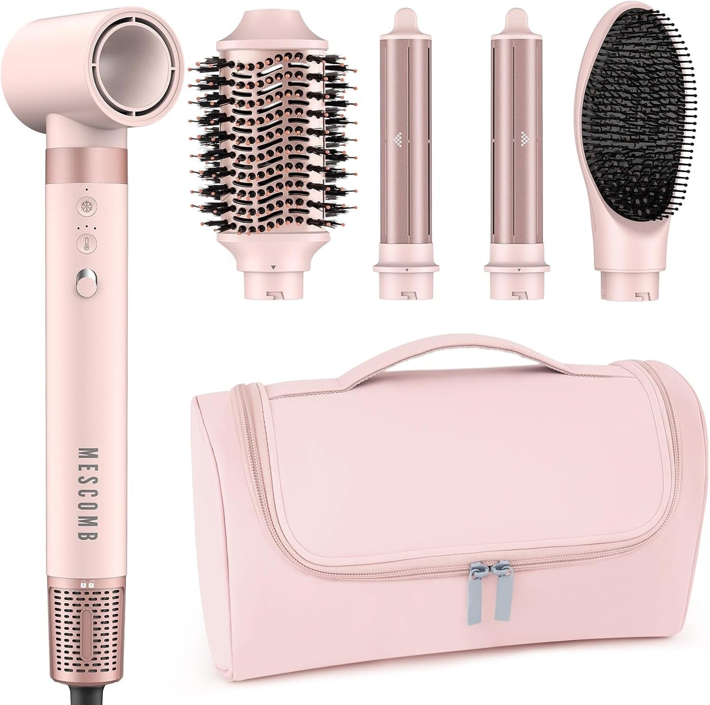 5 in 1 High-Speed Hot Air Styler - Professional Blow Dryer Brush, Fast Drying Frizz-Free, Negative Ions, No Heat Damage - Curl, Volumize, Straighten with Travel Bag