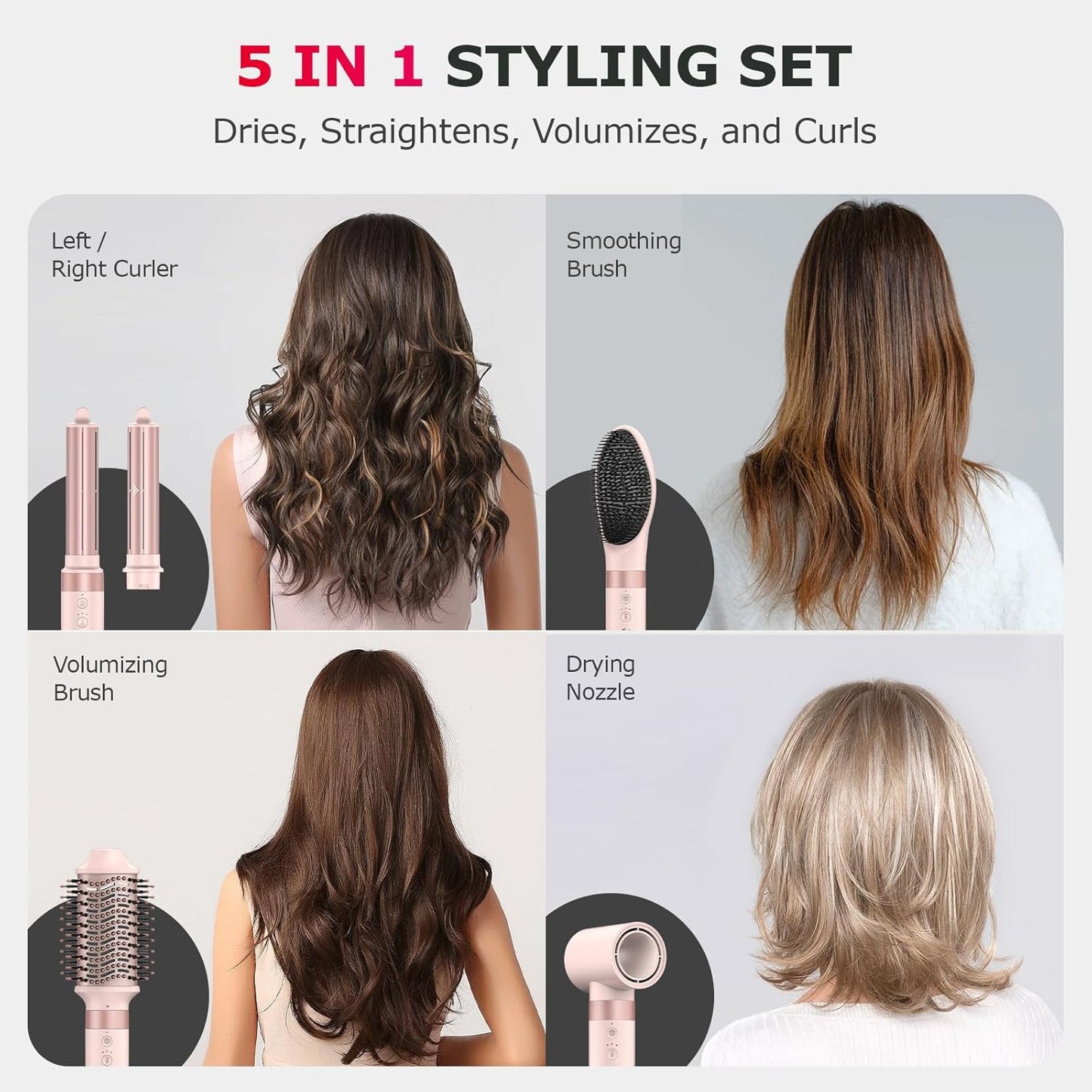 5 in 1 High-Speed Hot Air Styler - Professional Blow Dryer Brush, Fast Drying Frizz-Free, Negative Ions, No Heat Damage - Curl, Volumize, Straighten with Travel Bag