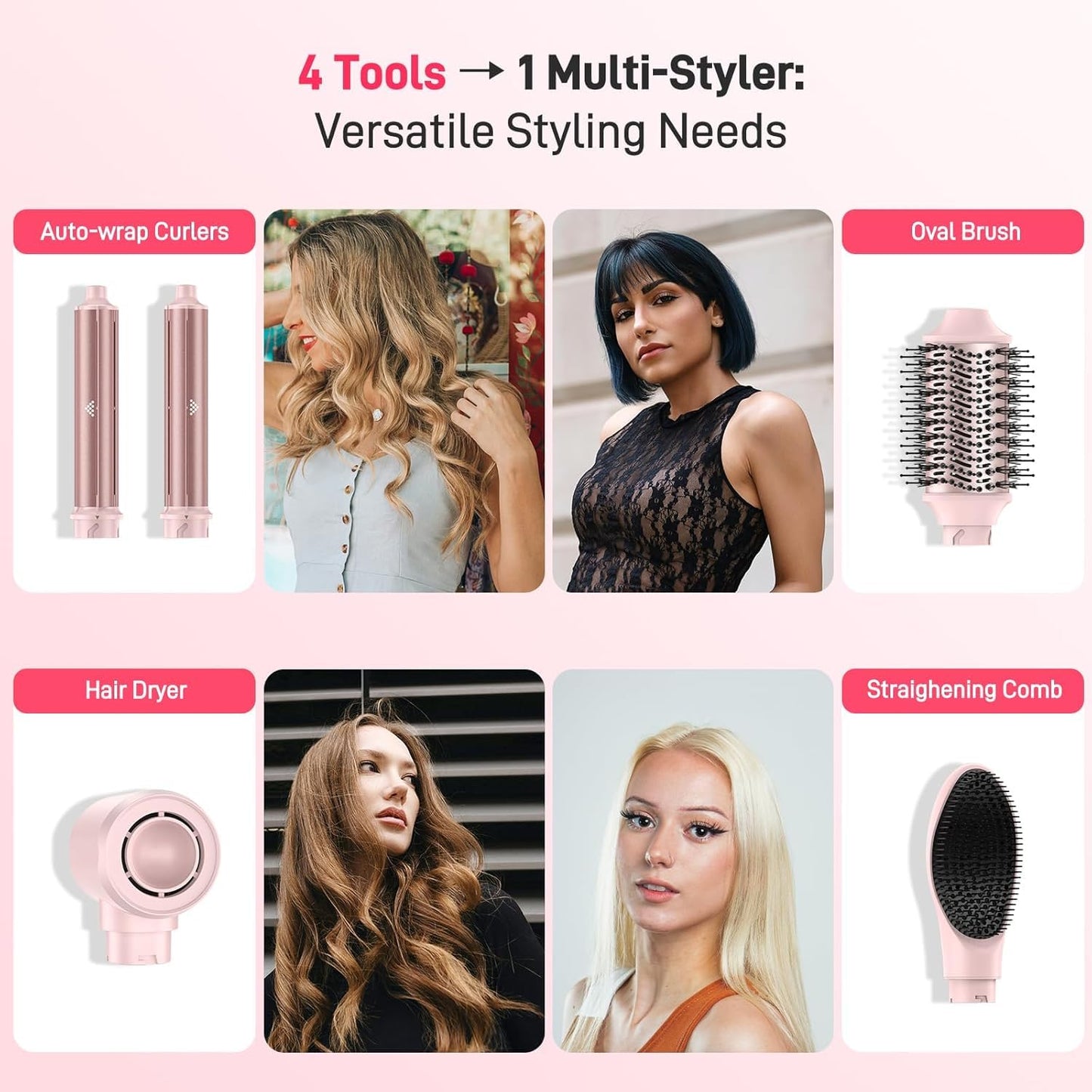 MESCOMB 5 in 1 Dual Voltage Hair Styler Ion Hair Dryer & Airstyler Set with Attachments, Quick Drying, Curling Iron, Straightening, Volume, No Heat Damage, 100-240 V for Worldwide Travel with Travel