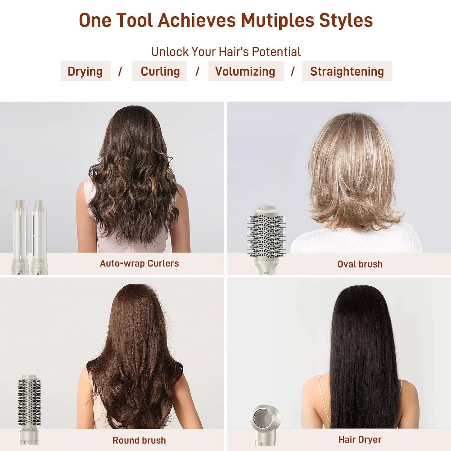 MESCOMB 5 in 1 Airstyler & Hairstyler Set - Ion Hair Dryer, Auto-Wrap Curling Iron & Volume Brush - Quick Drying, Styling for Curls, Volume & Straightening without Heat Damage | Lightweight & Ideal