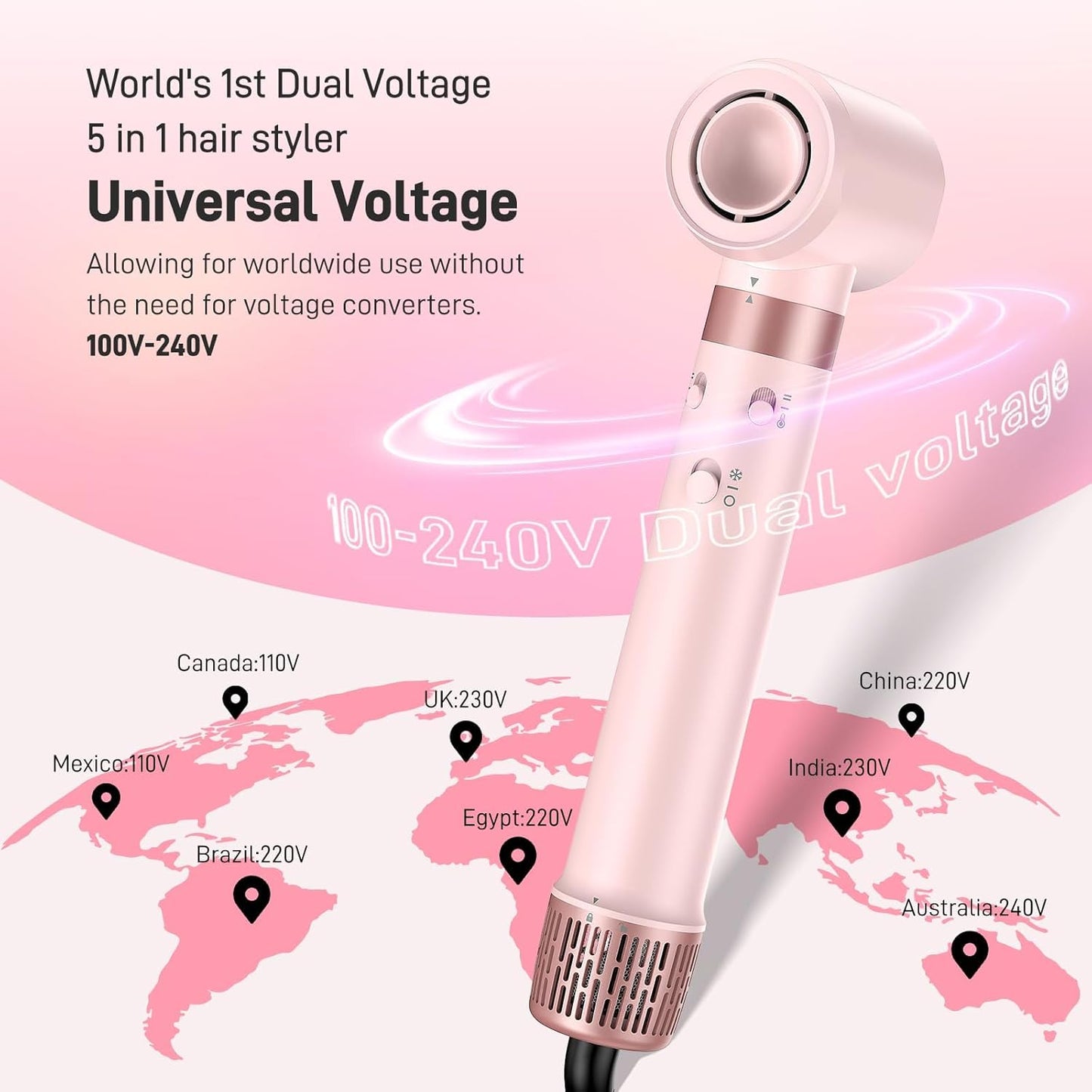 MESCOMB 5 in 1 Dual Voltage Hair Styler Ion Hair Dryer & Airstyler Set with Attachments, Quick Drying, Curling Iron, Straightening, Volume, No Heat Damage, 100-240 V for Worldwide Travel with Travel