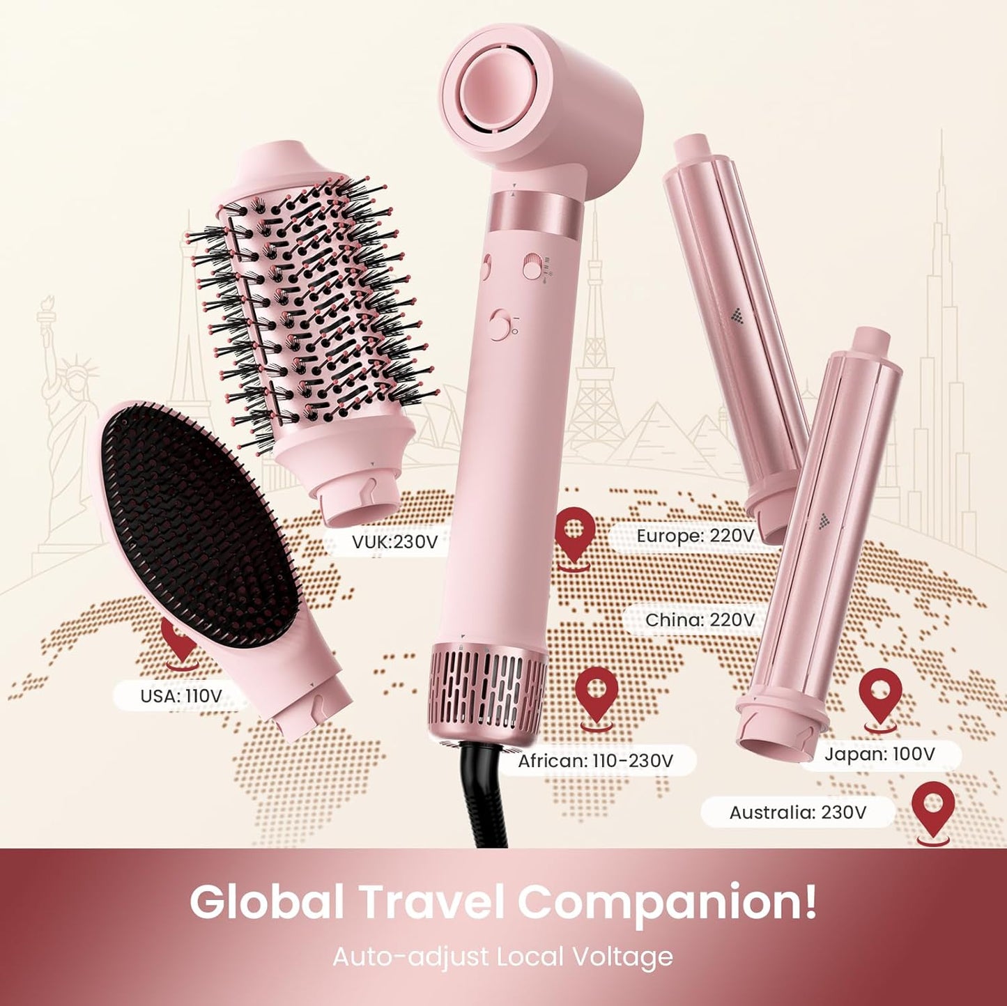 MESCOMB Dual Voltage Hair Dryer Brush - 5 in 1 Hot Air Styler Wrap with Auto Wrap Curlers, Fast Drying, Straightening & Volumizing, 100V–240V Global Travel with Storage Bag-Peach Pink