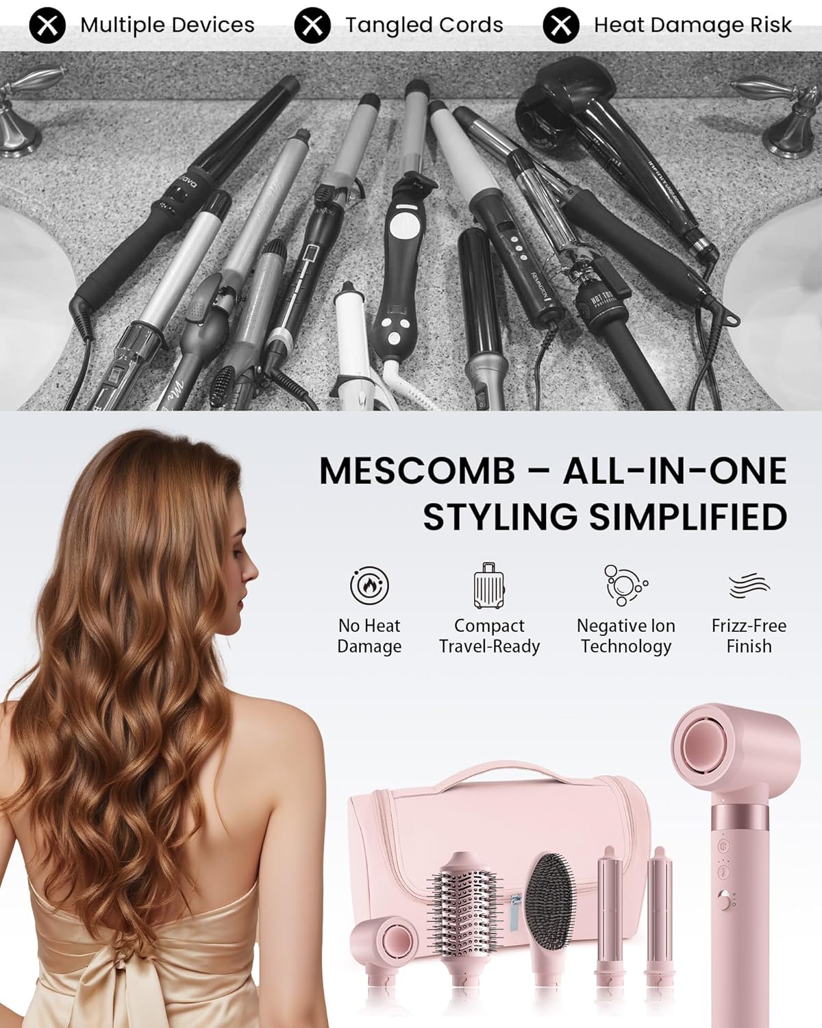 MESCOMB 5-in-1 Airstyler, Professional Hair Styler Set with Ion Hair Dryer, Curling Iron, Car Wrap, Straightener, Volume Brush, for Quick Drying, Styling, Volumising, Curling and Straightening, with